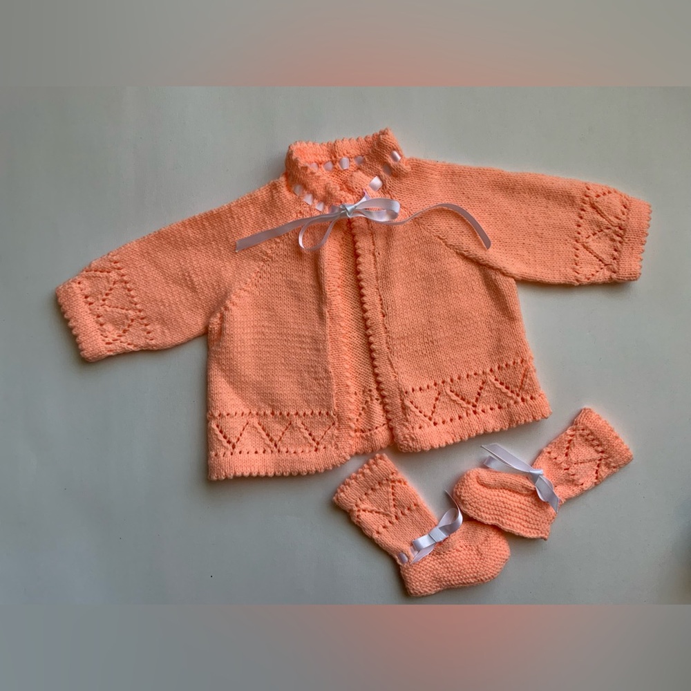 Vintage Hand-Knit Baby Cardigan Set in Peach